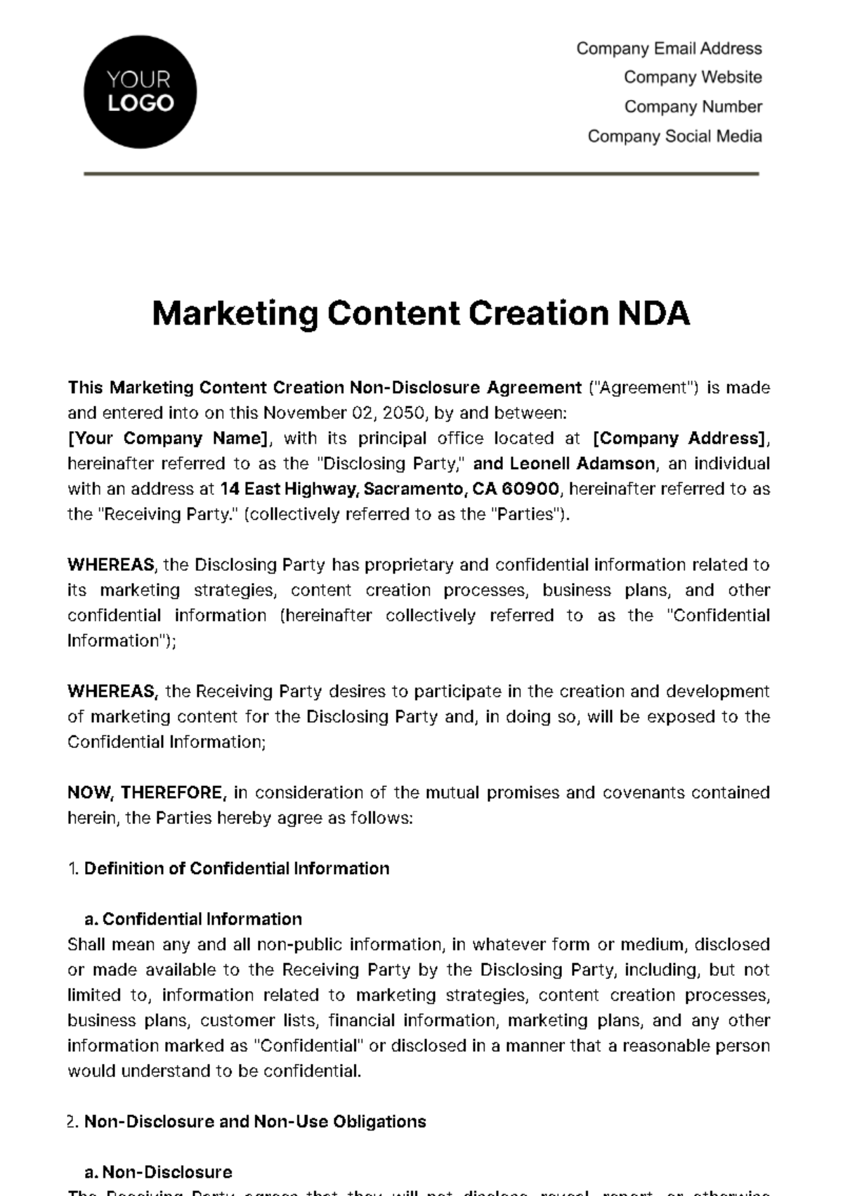 Marketing Content Creation NDA Template