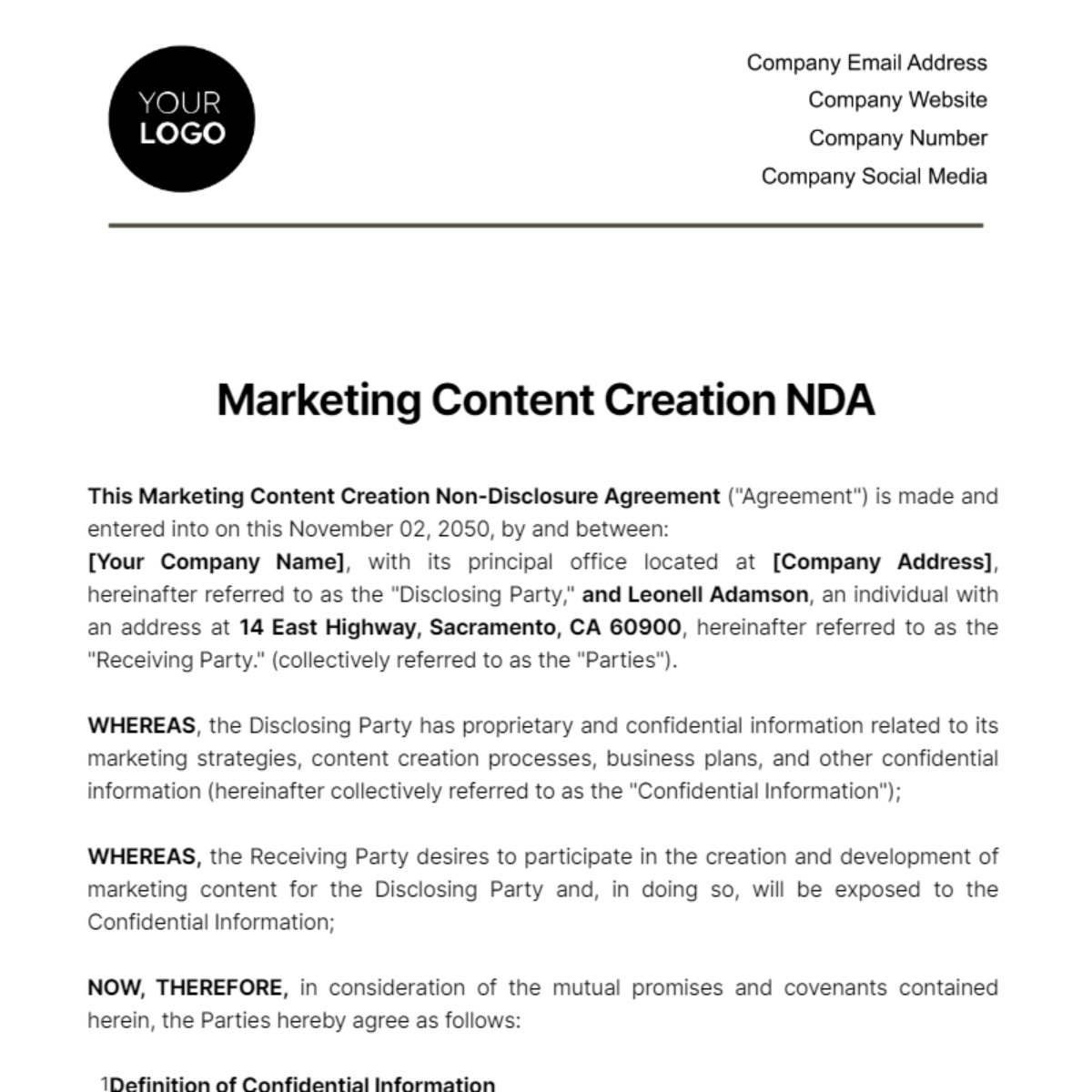 Marketing Content Creation NDA Template