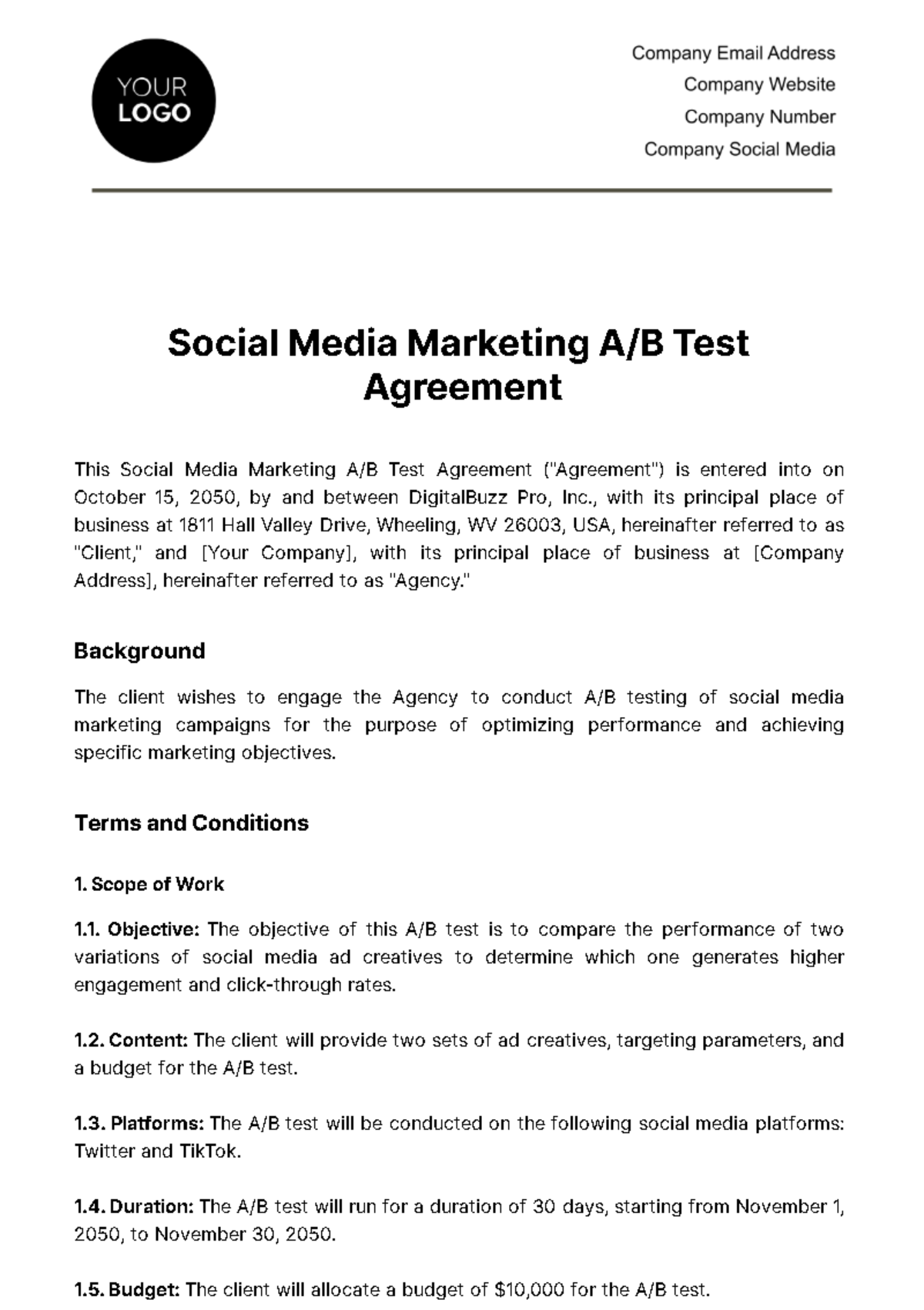 Free Social Media Marketing A/B Test Agreement Template