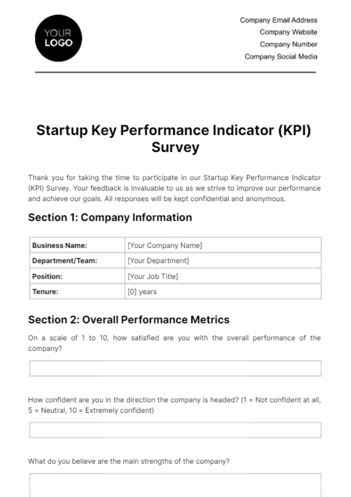 Startup Key Performance Indicator (KPI) Survey Template