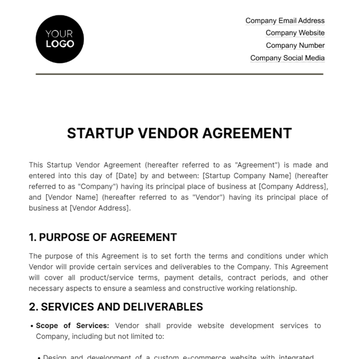 Startup Vendor Agreement Template - Edit Online & Download