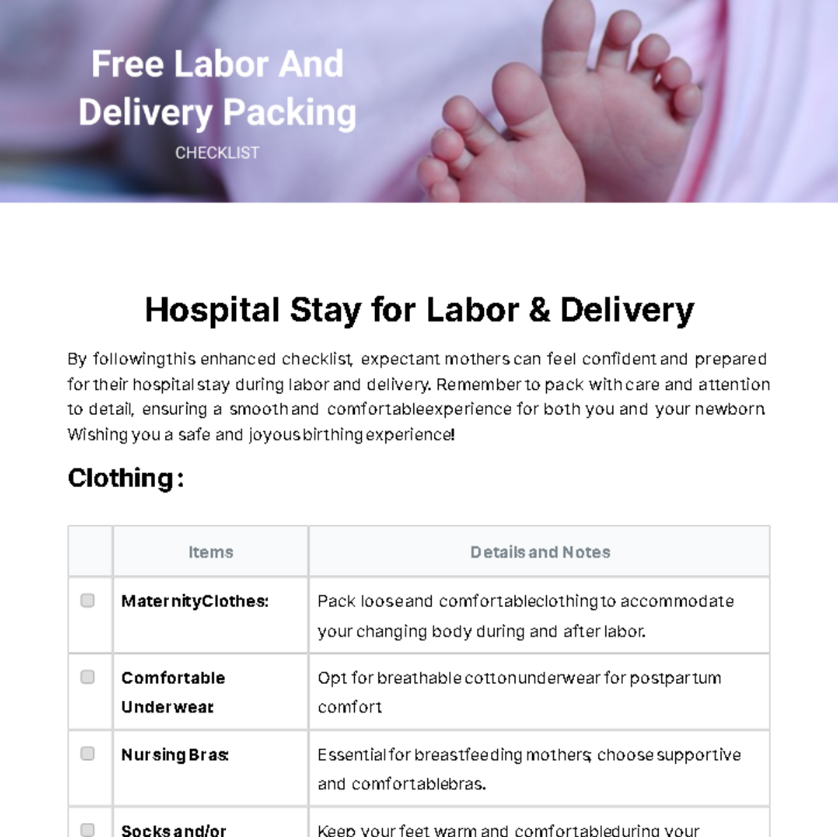Labor And Delivery Packing Checklist Template