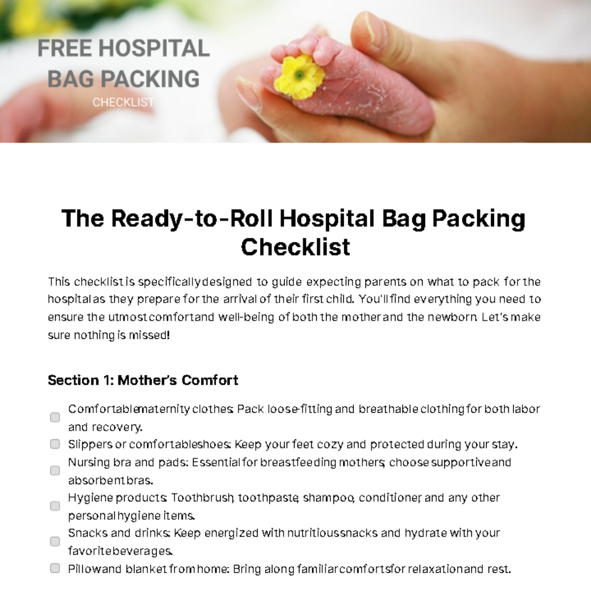 Hospital Bag Packing Checklist Template