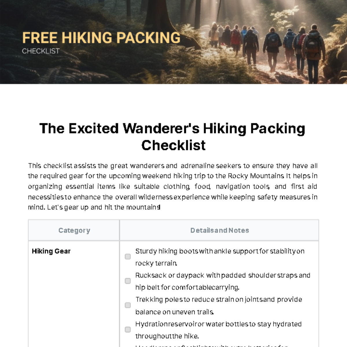 Hiking Packing Checklist Template