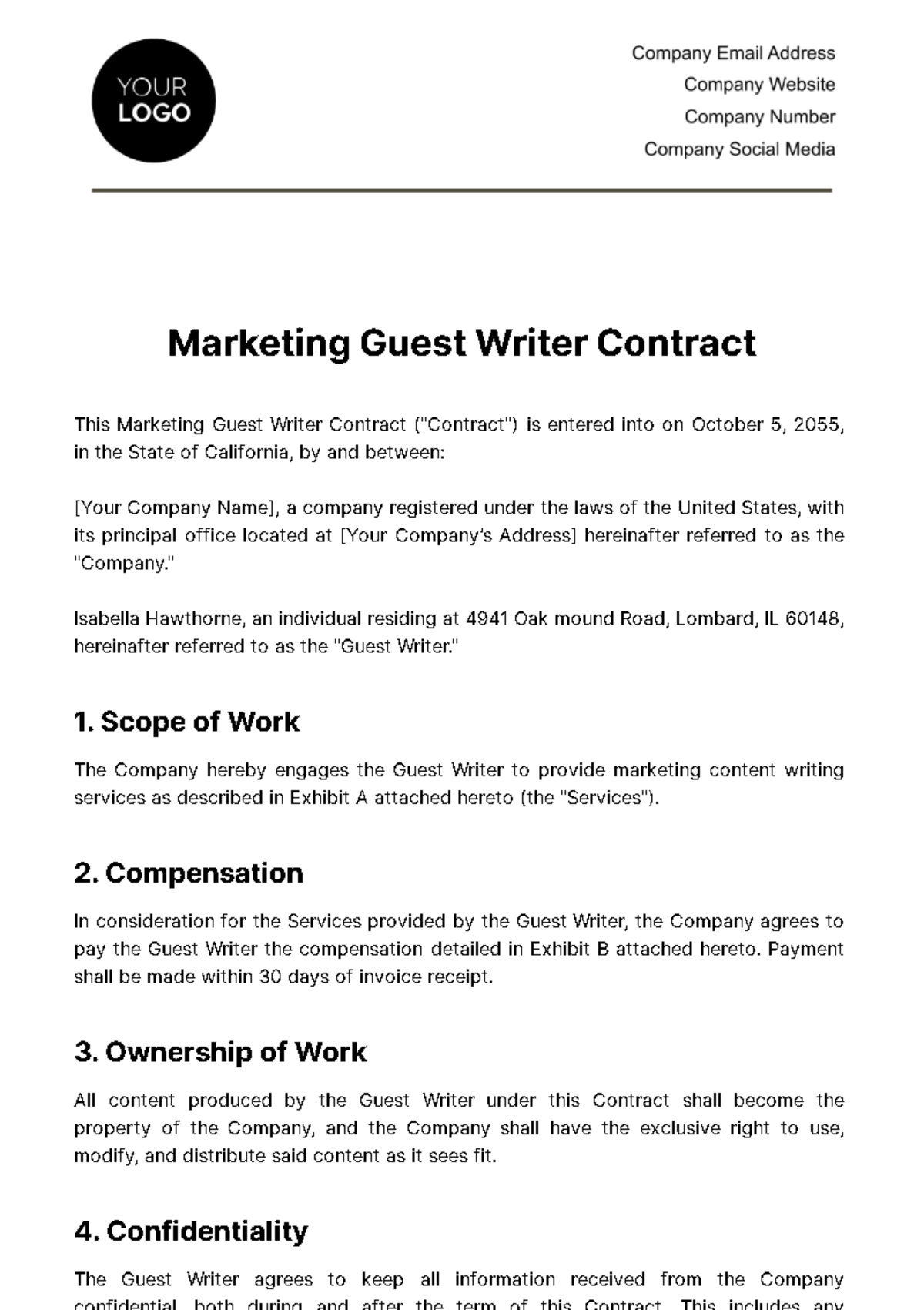 Marketing Guest Writer Contract Template