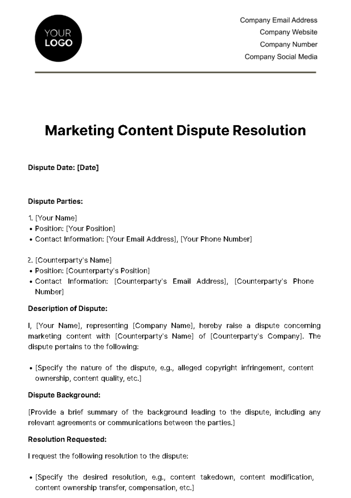 Marketing Content Dispute Resolution Template