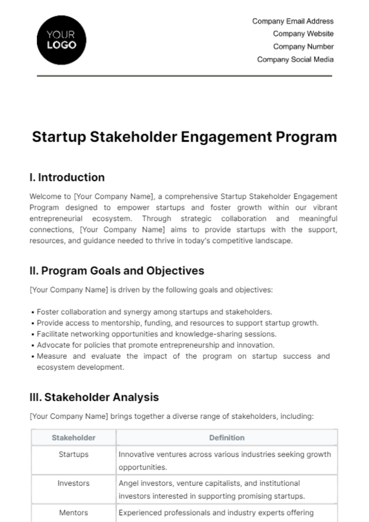 Free Startup Stakeholder Engagement Program Template