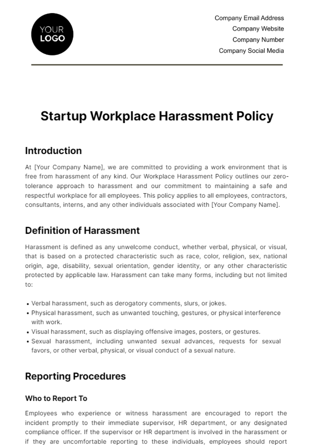 Startup Workplace Harassment Policy Template