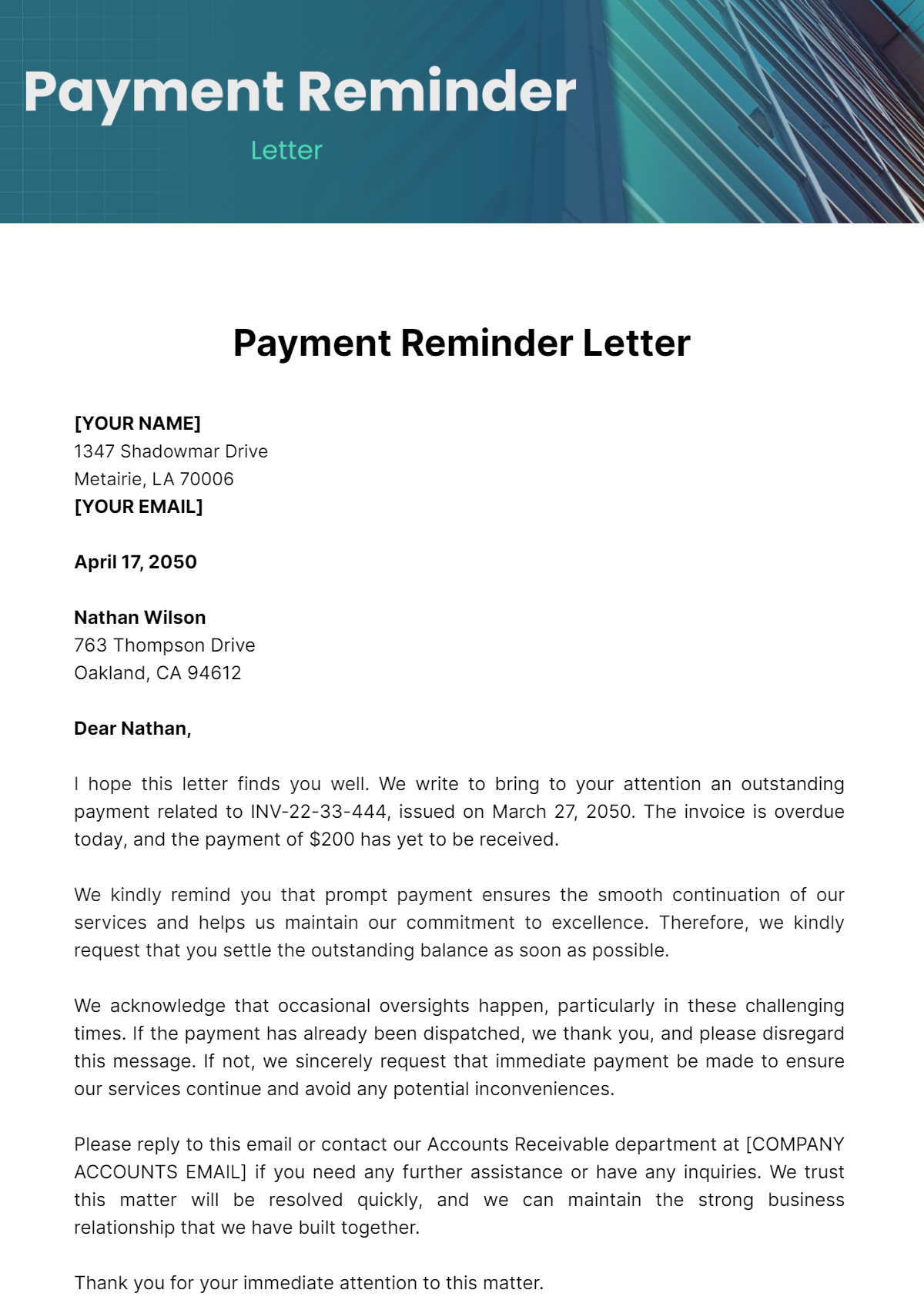 Free Payment Reminder Letter Template to Edit Online