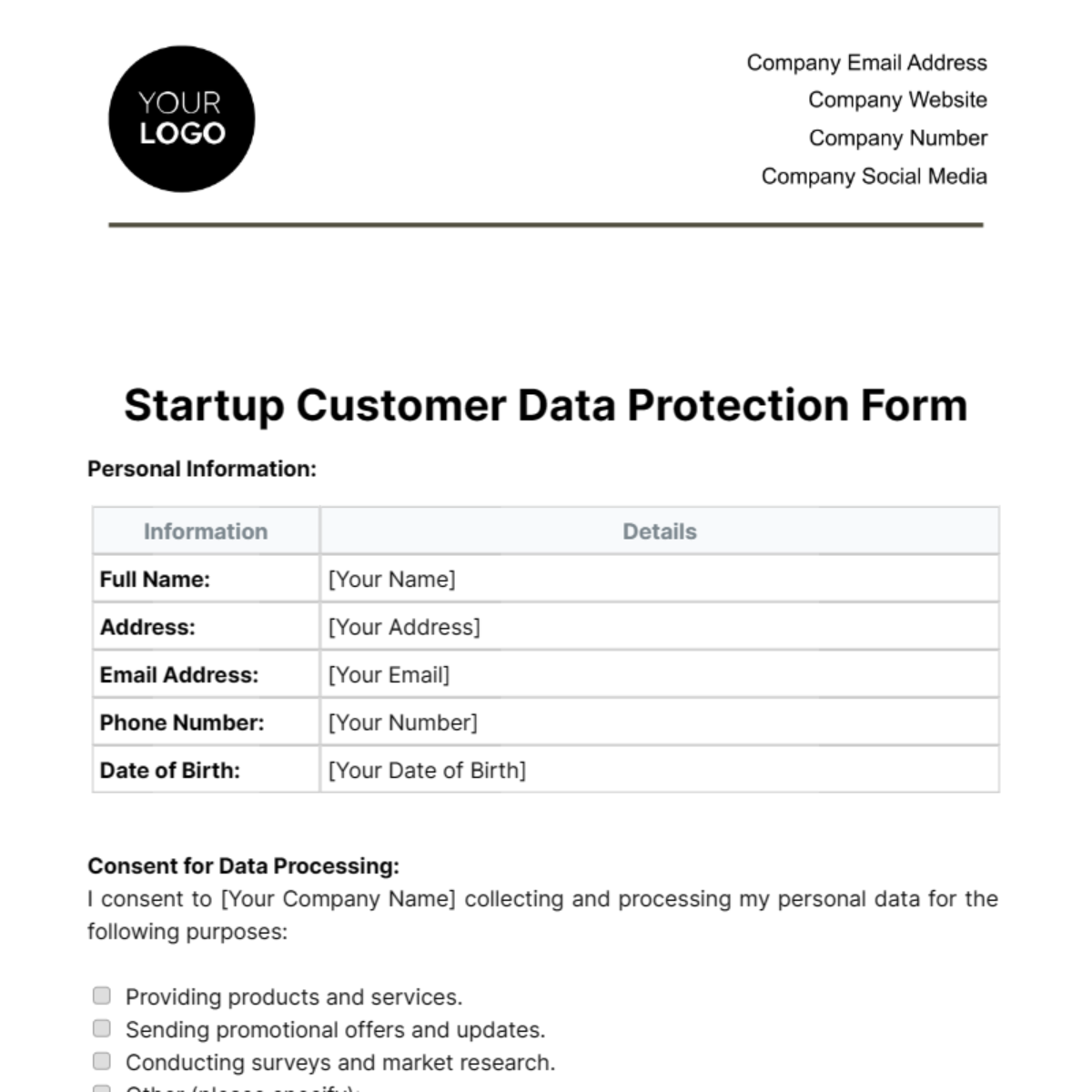 Startup Customer Data Protection Form Template - Edit Online & Download ...