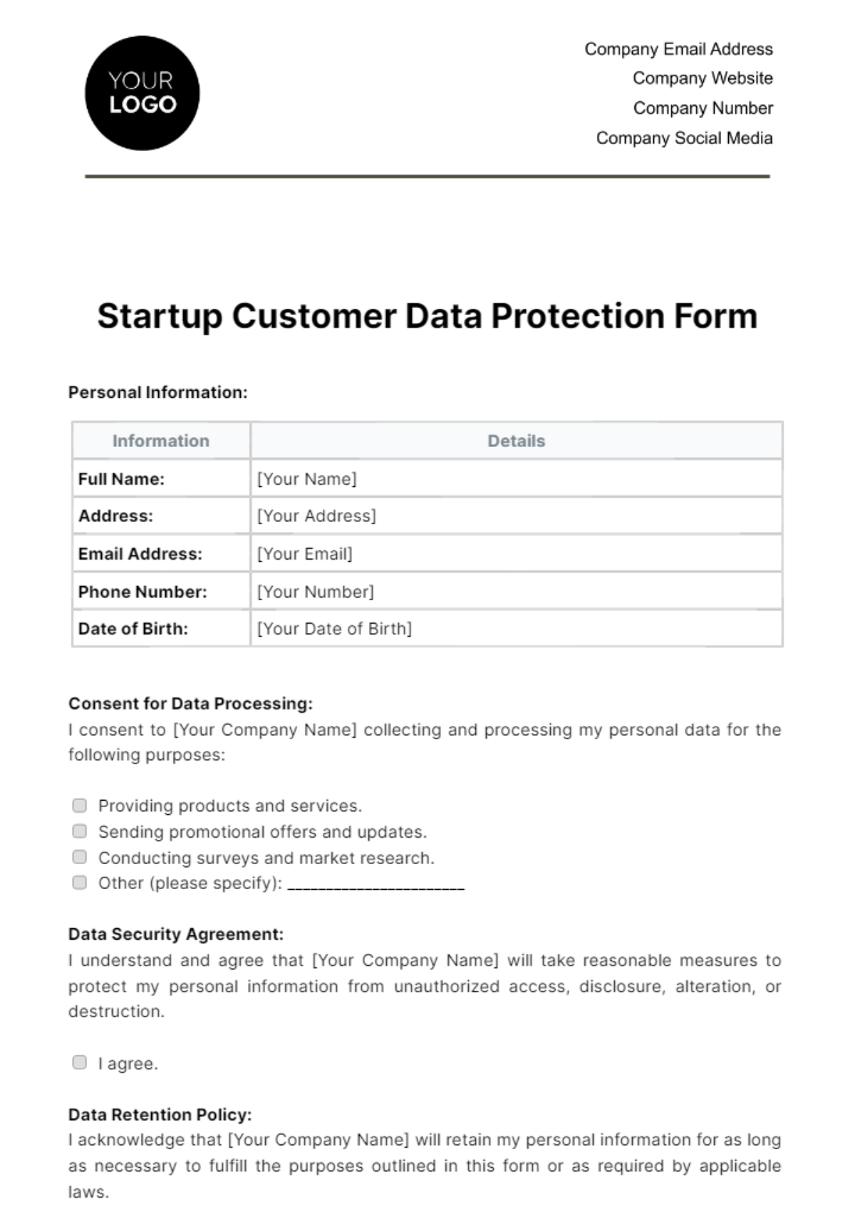 Startup Customer Data Protection Form Template