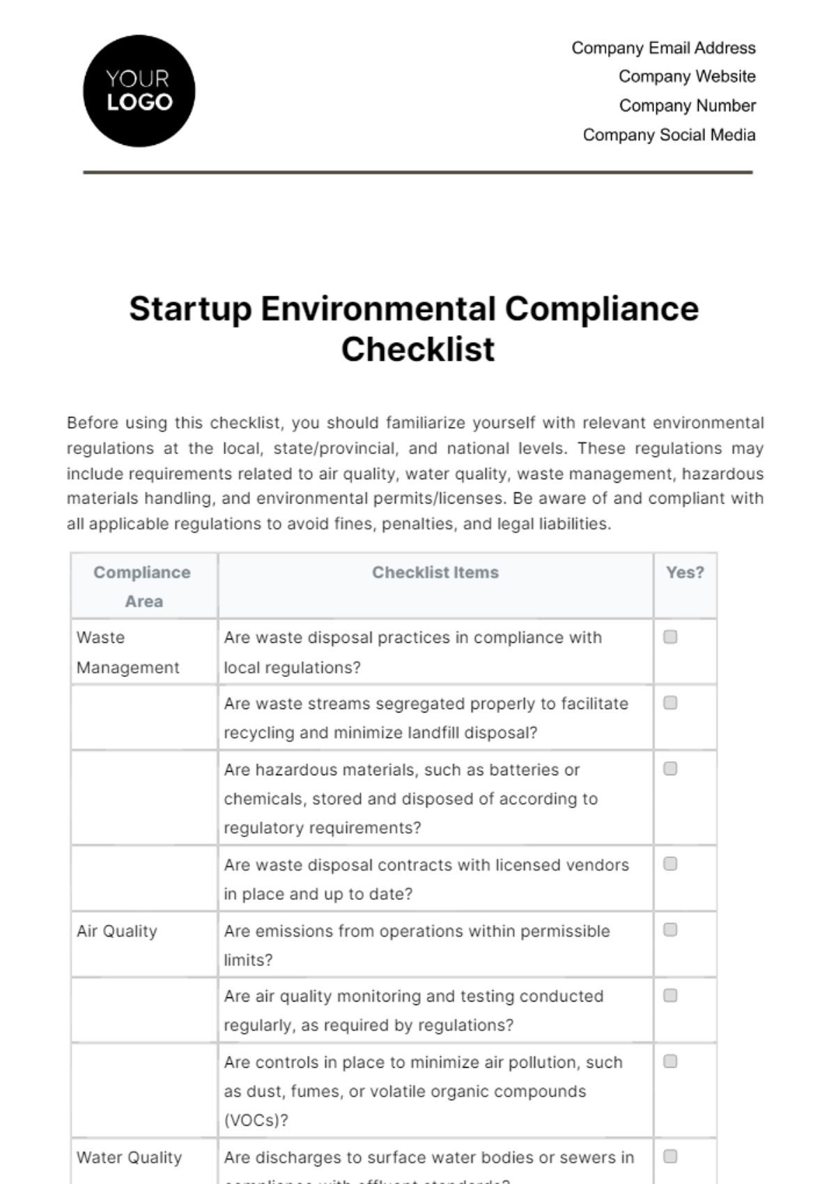 Free Startup Environmental Compliance Checklist Template