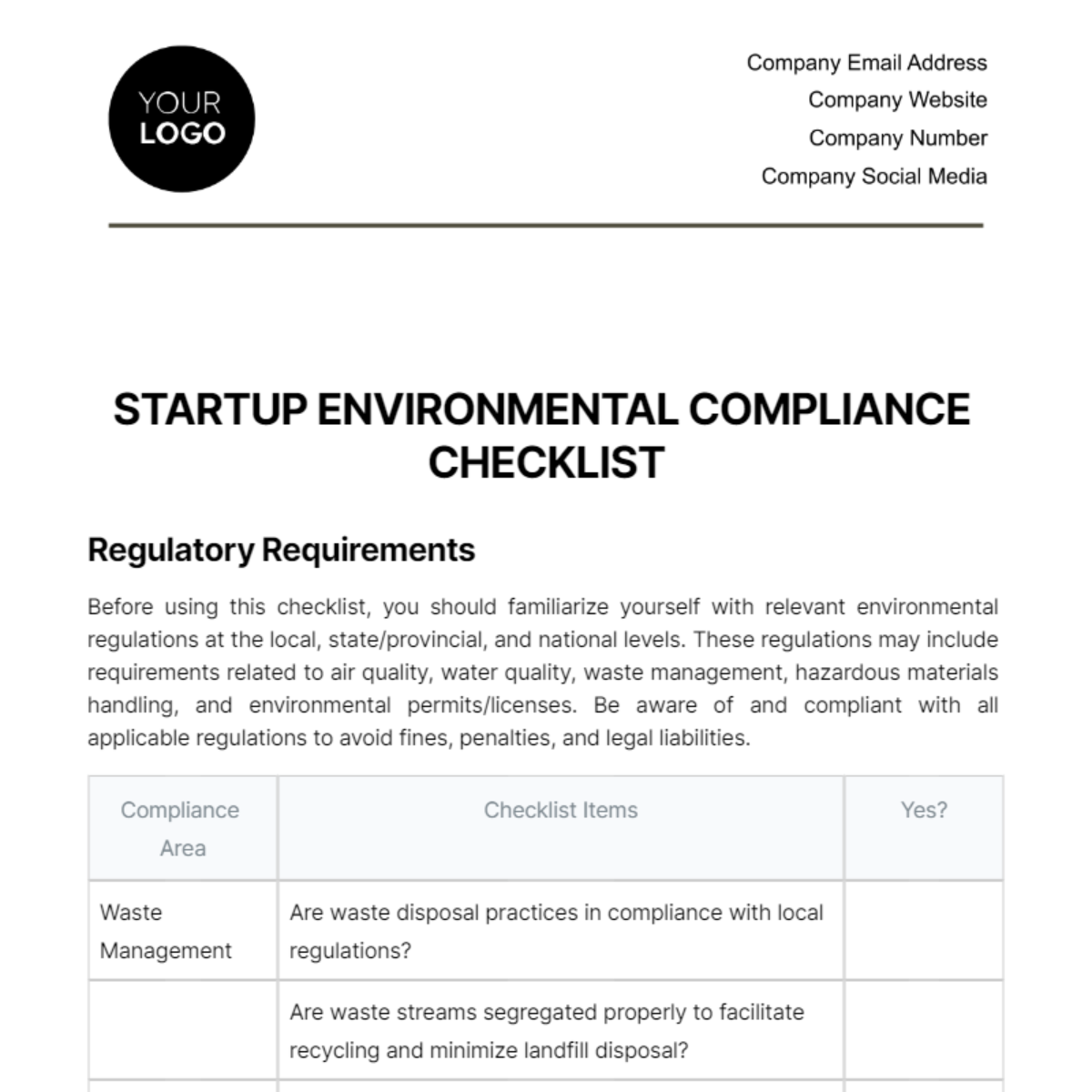 Startup Environmental Compliance Checklist Template
