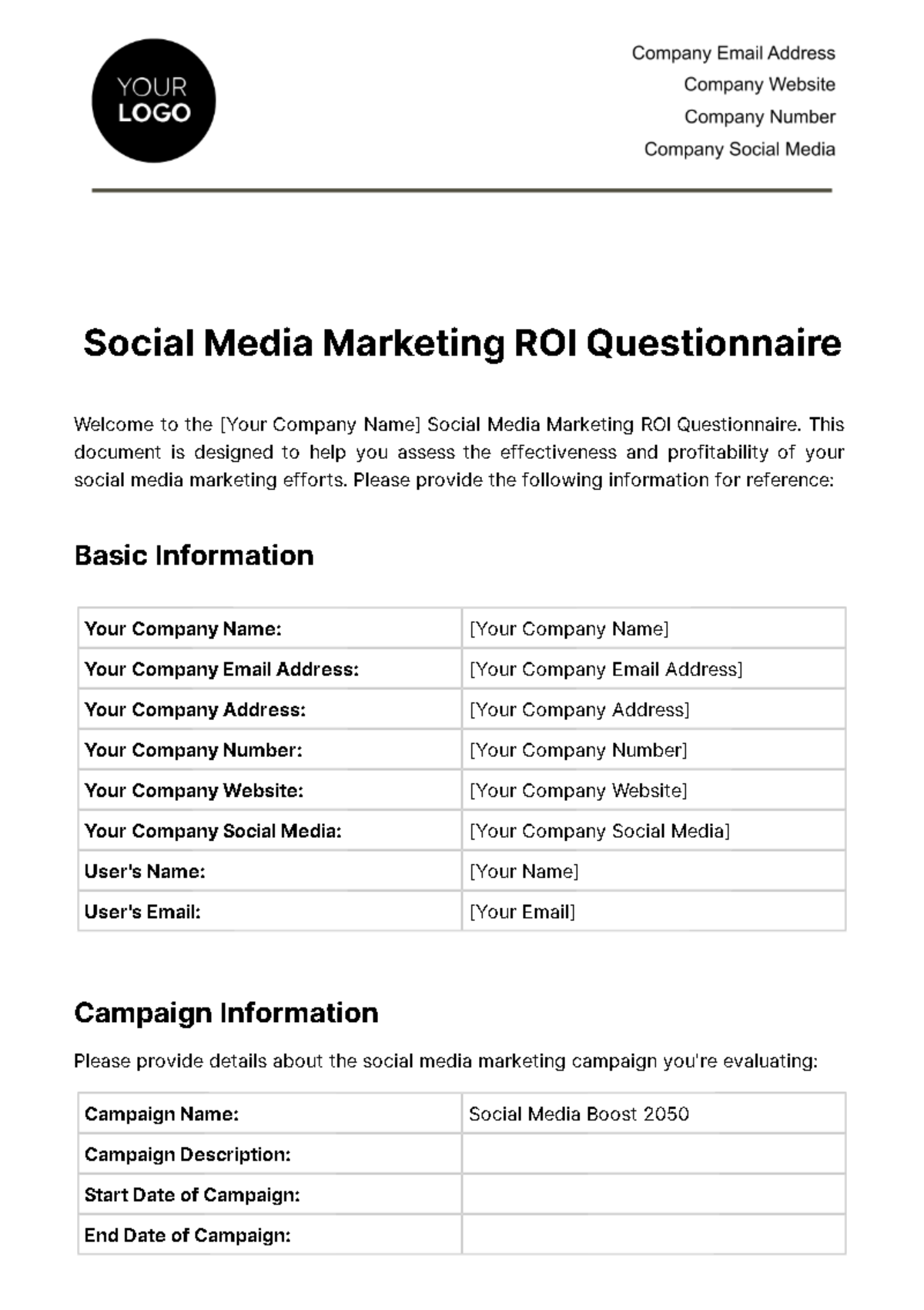Free Social Media Marketing ROI Questionnaire Template