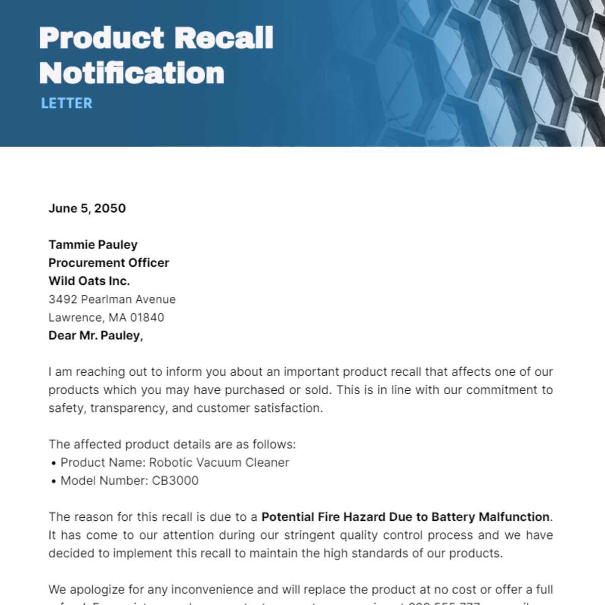 Product Recall Notification Letter Template