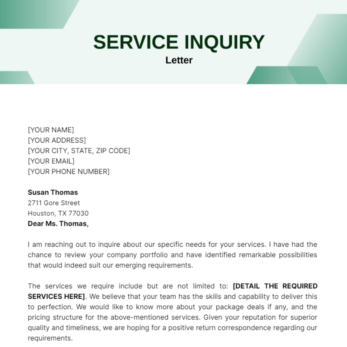 Service Inquiry Letter Template