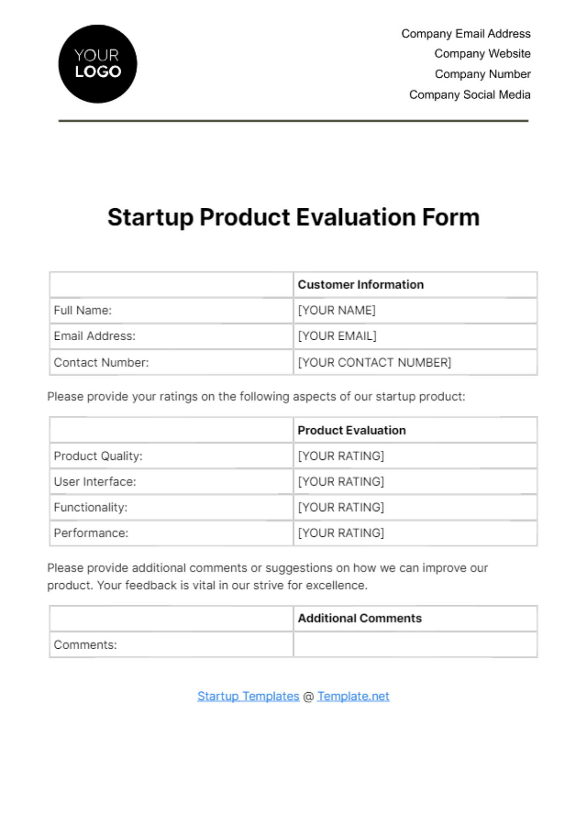 Startup Product Evaluation Form Template