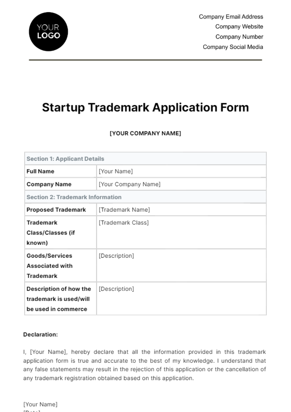 Free Startup Trademark Application Form Template