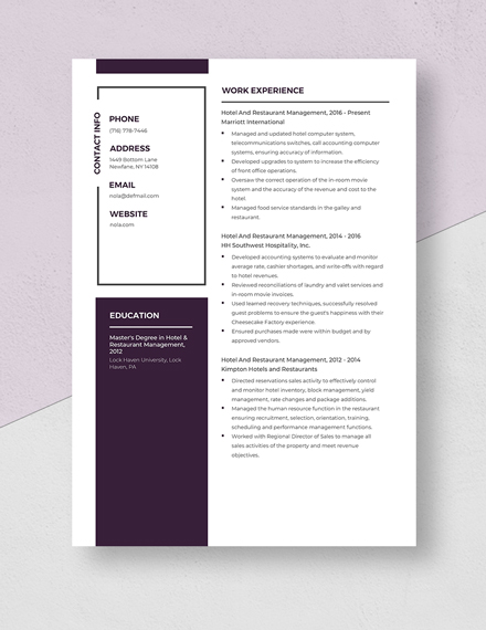 Hotel And Restaurant Management Resume Template