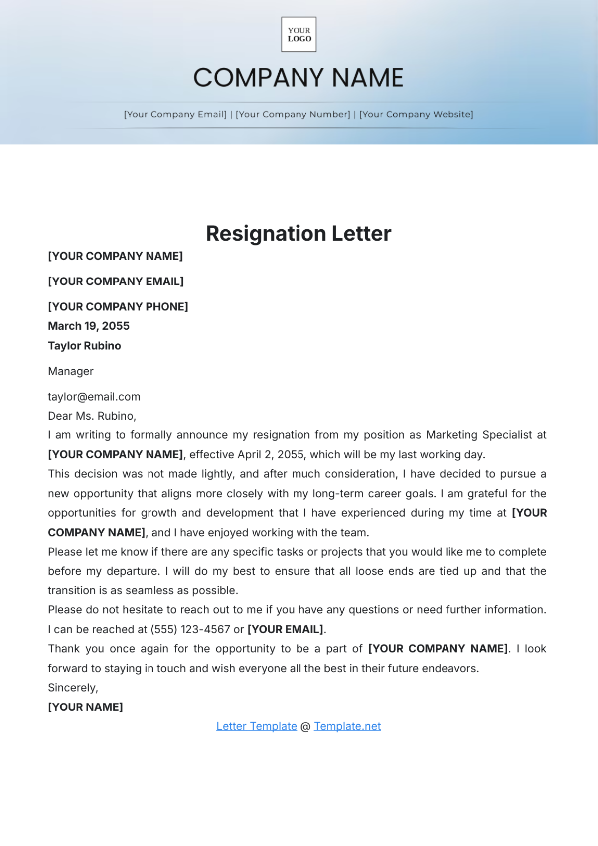 Resignation Letter Example Template - Edit Online & Download