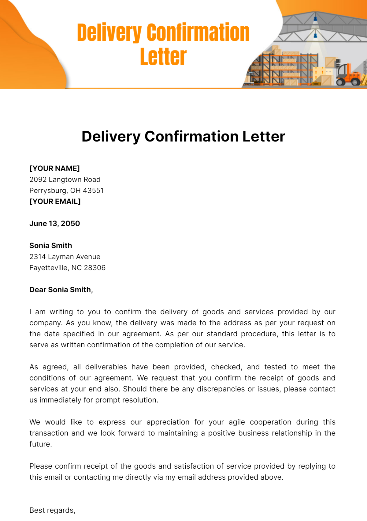 Delivery Confirmation Letter Template - Edit Online & Download