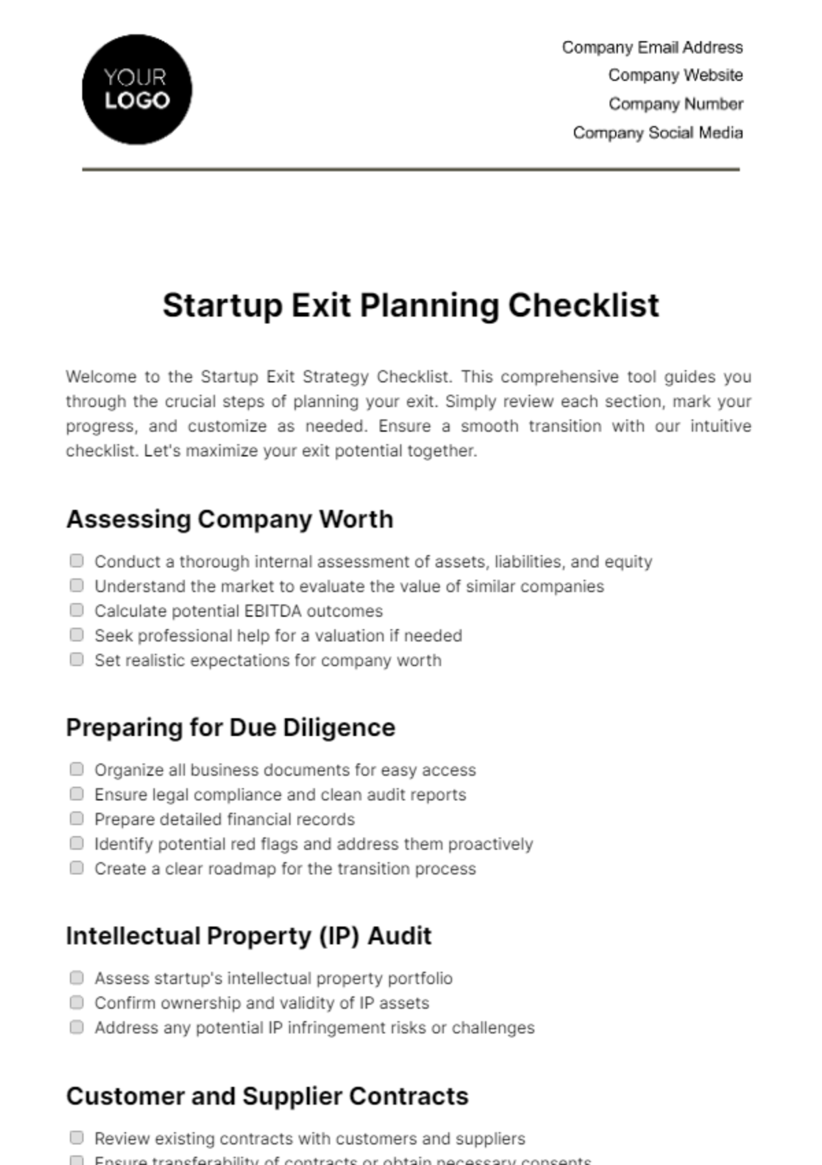 Startup Exit Strategy Checklist Template - Edit Online & Download