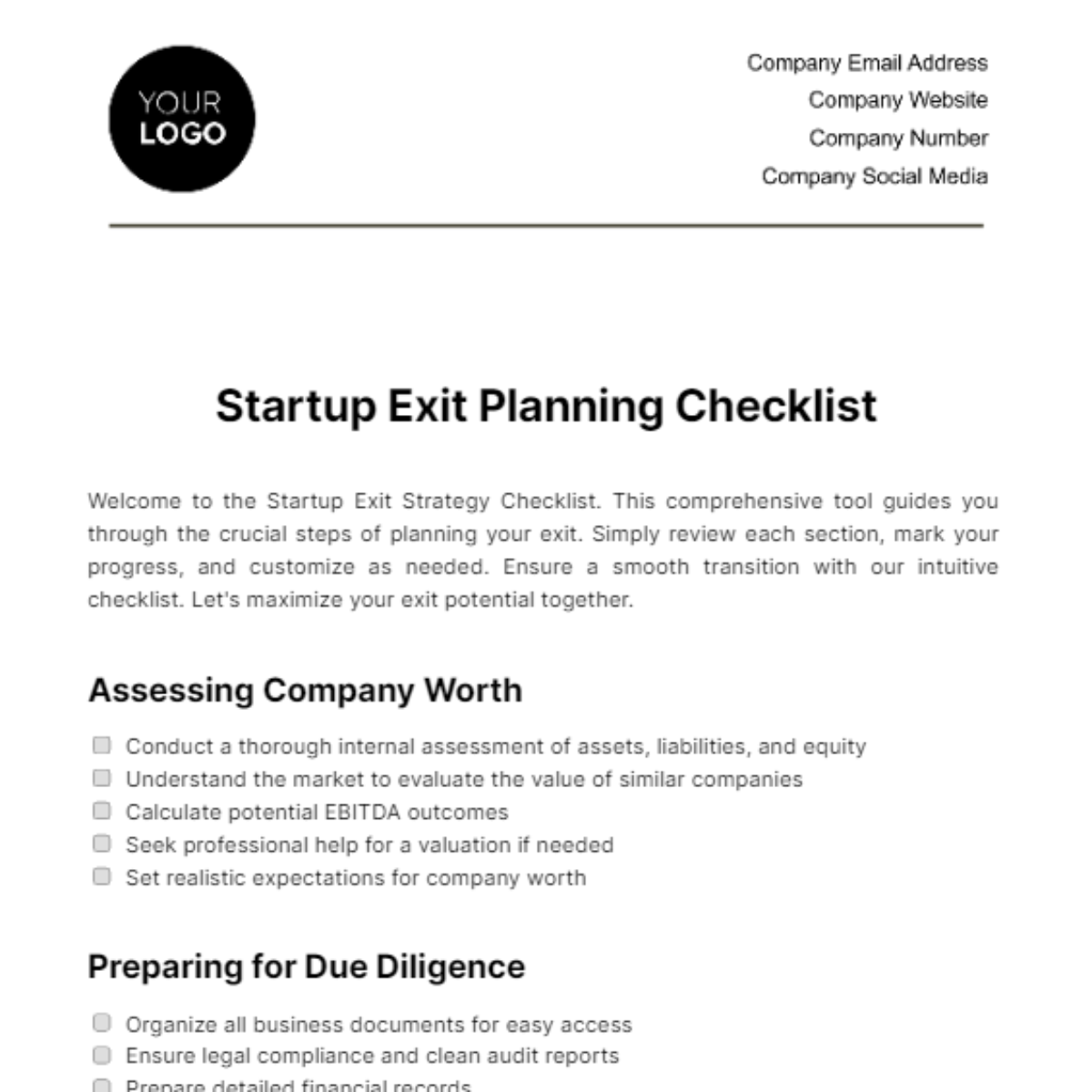 Startup Exit Strategy Checklist Template