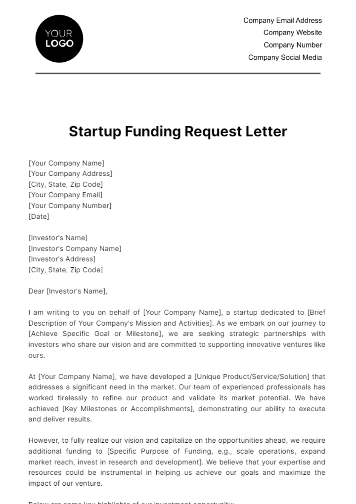 Startup Funding Request Letter Template