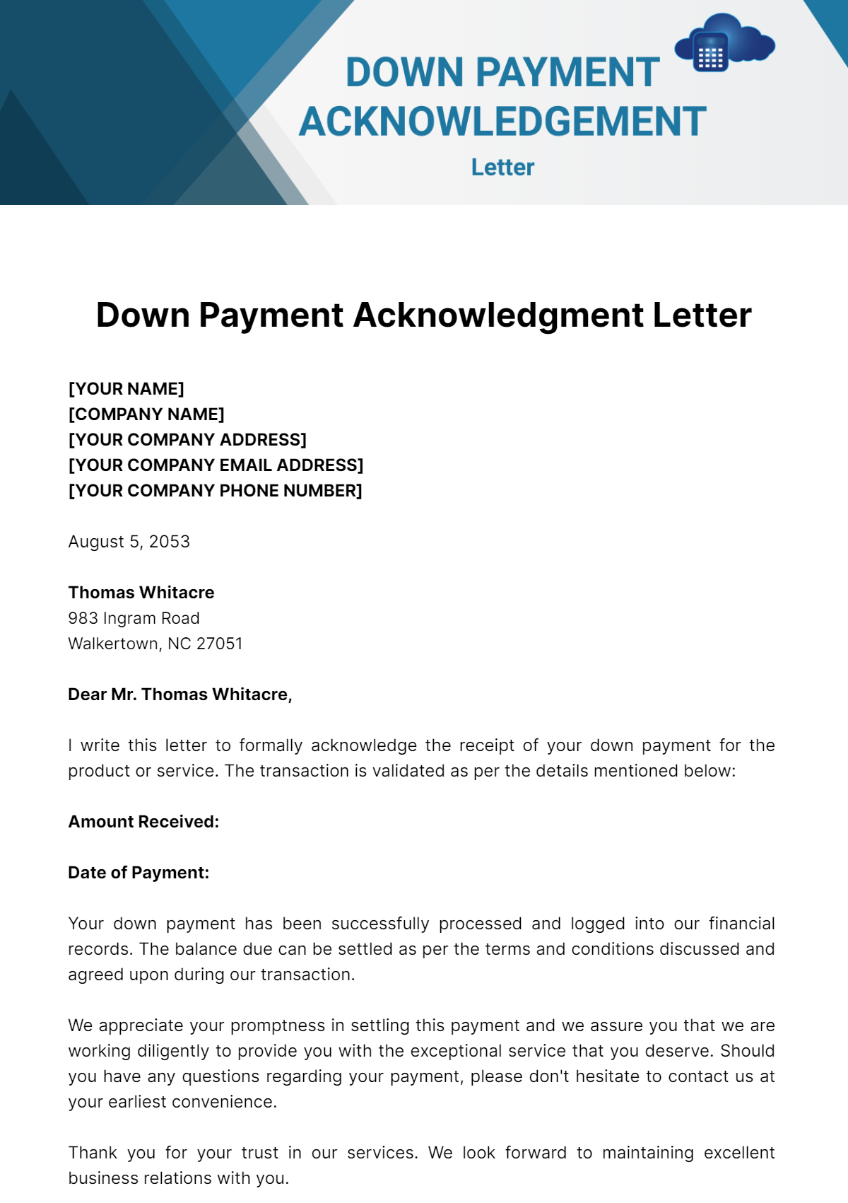 Down Payment Acknowledgment Letter Template - Edit Online & Download