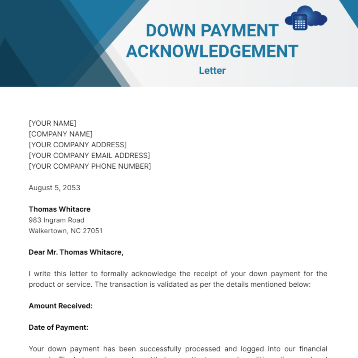 Down Payment Acknowledgment Letter Template