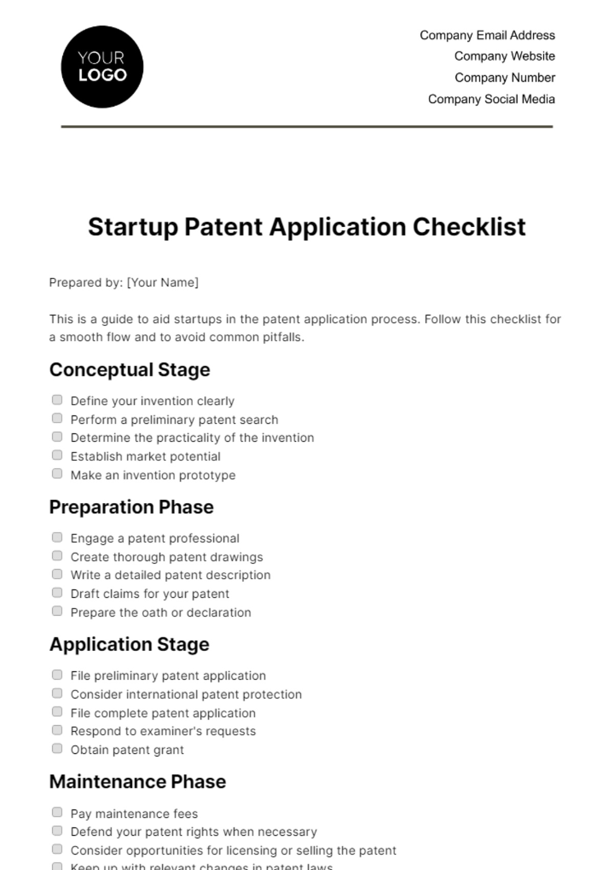 Free Startup Patent Application Checklist Template