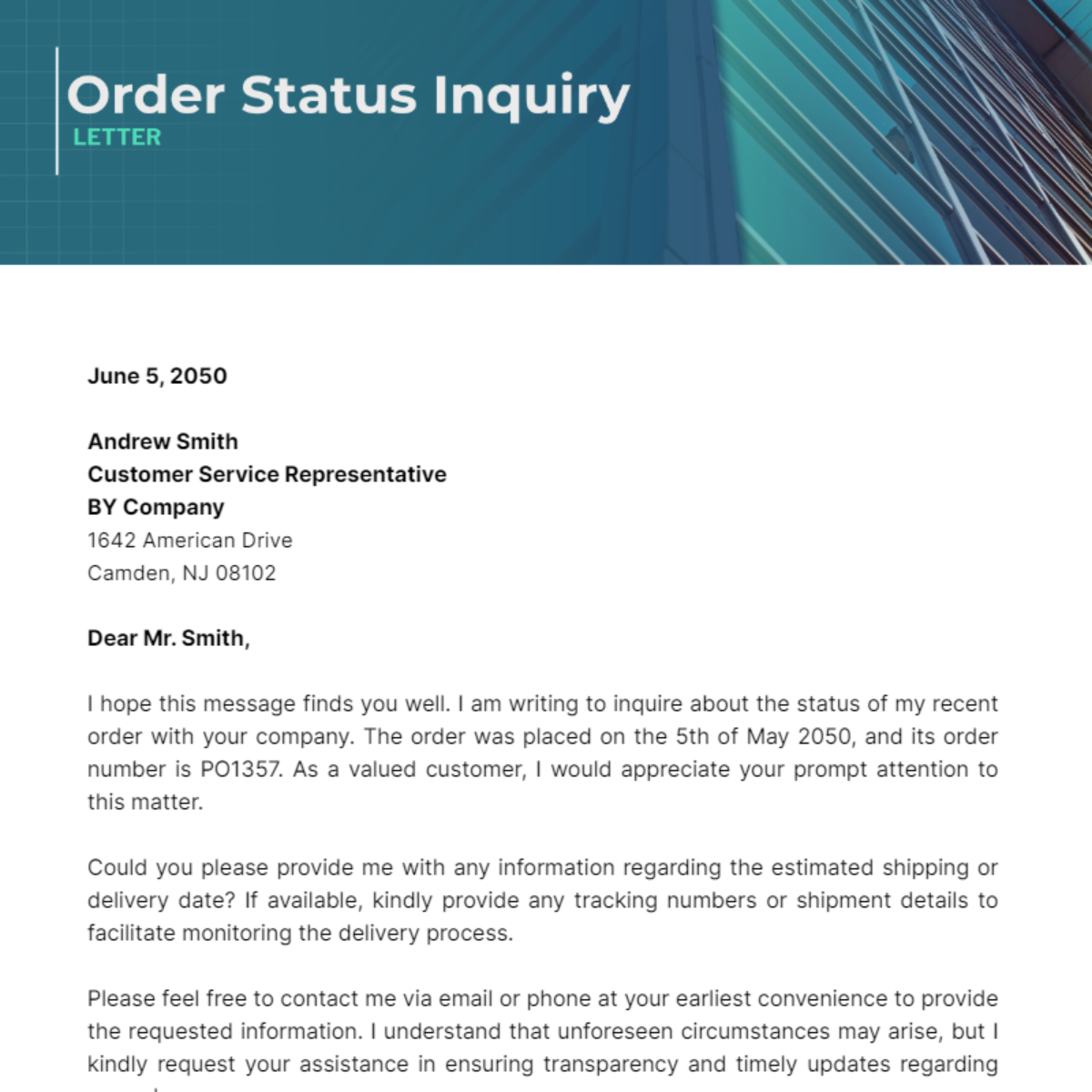 Order Status Inquiry Letter Template