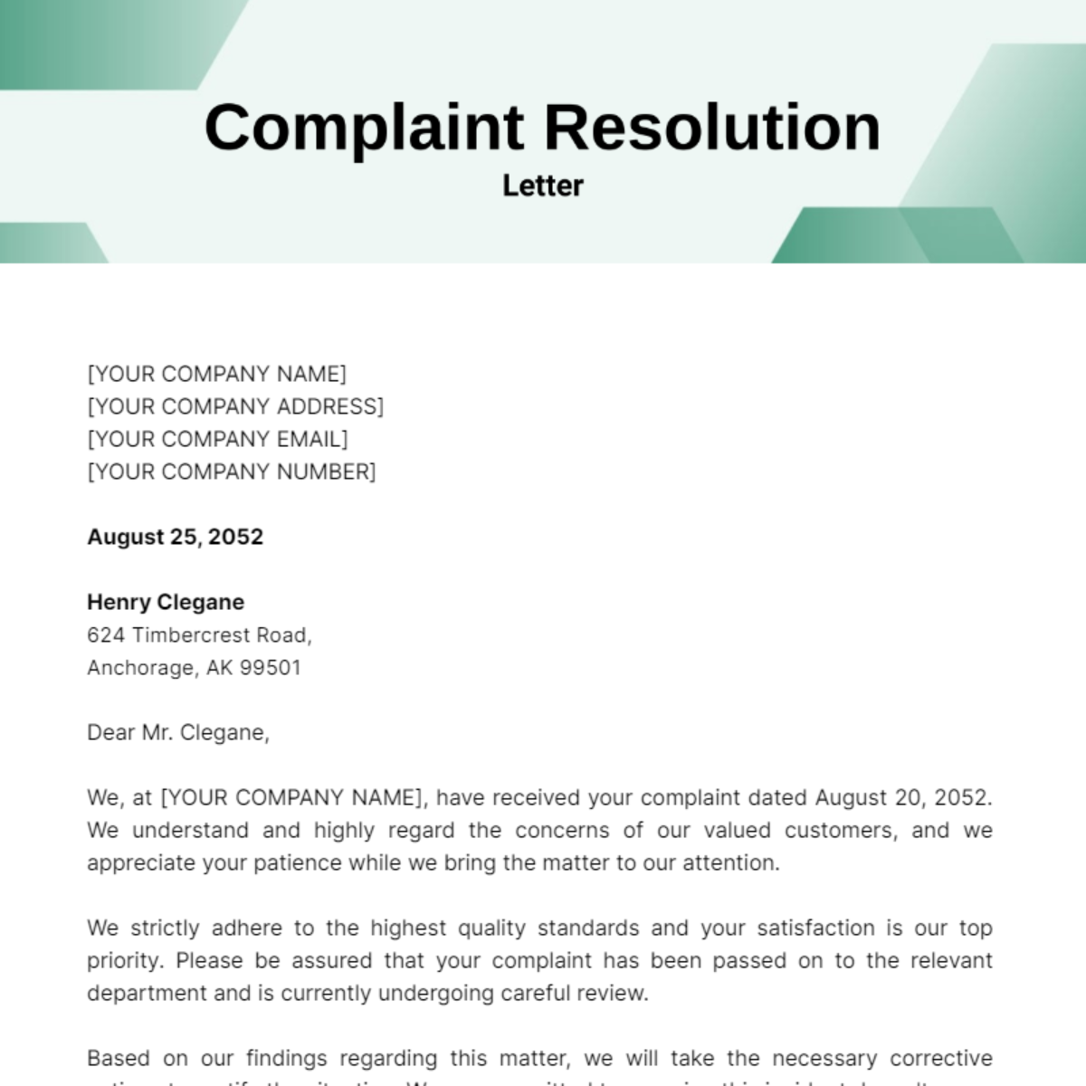 Complaint Resolution Letter Template