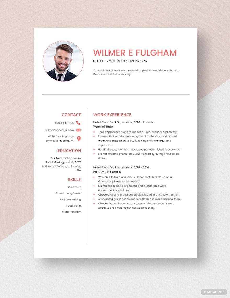 Hotel Front Desk Supervisor Resume Download in Word, Apple Pages