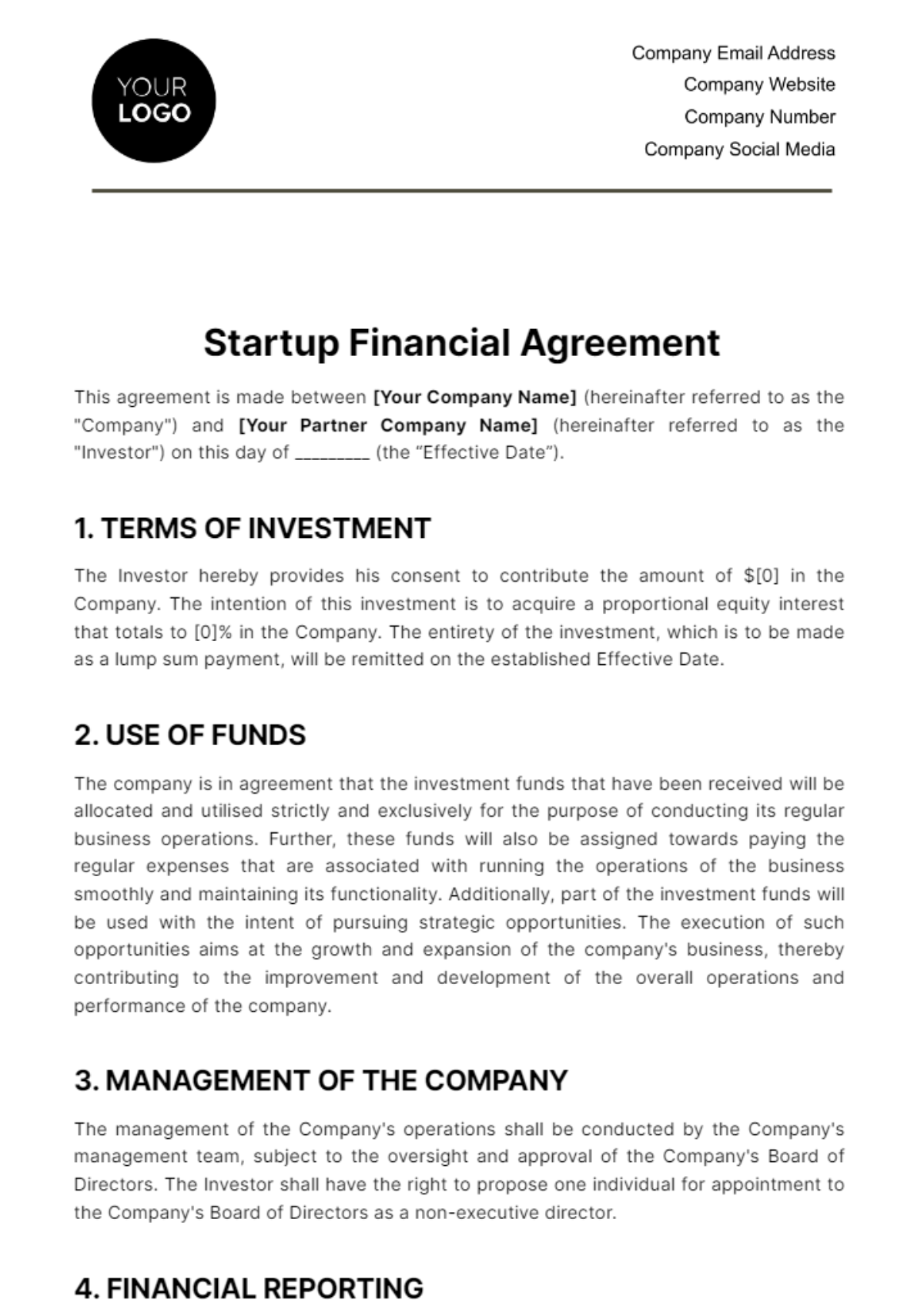 Startup Financial Agreement Template