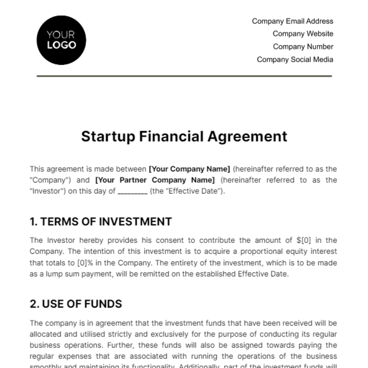 Startup Financial Agreement Template - Edit Online & Download