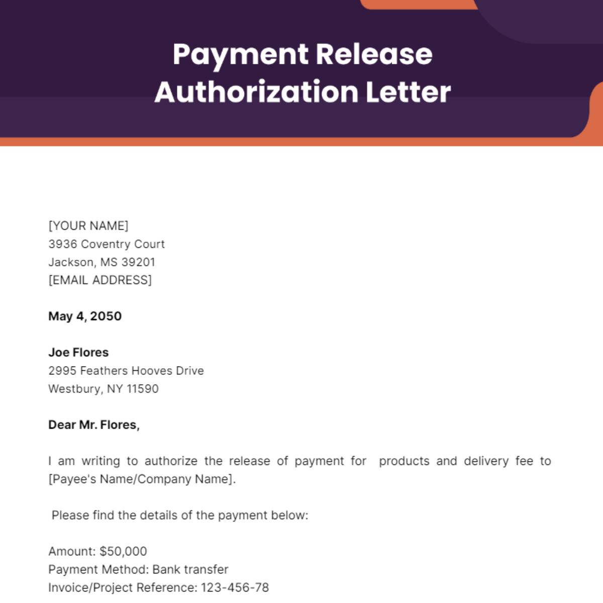 Payment Release Authorization Letter Template
