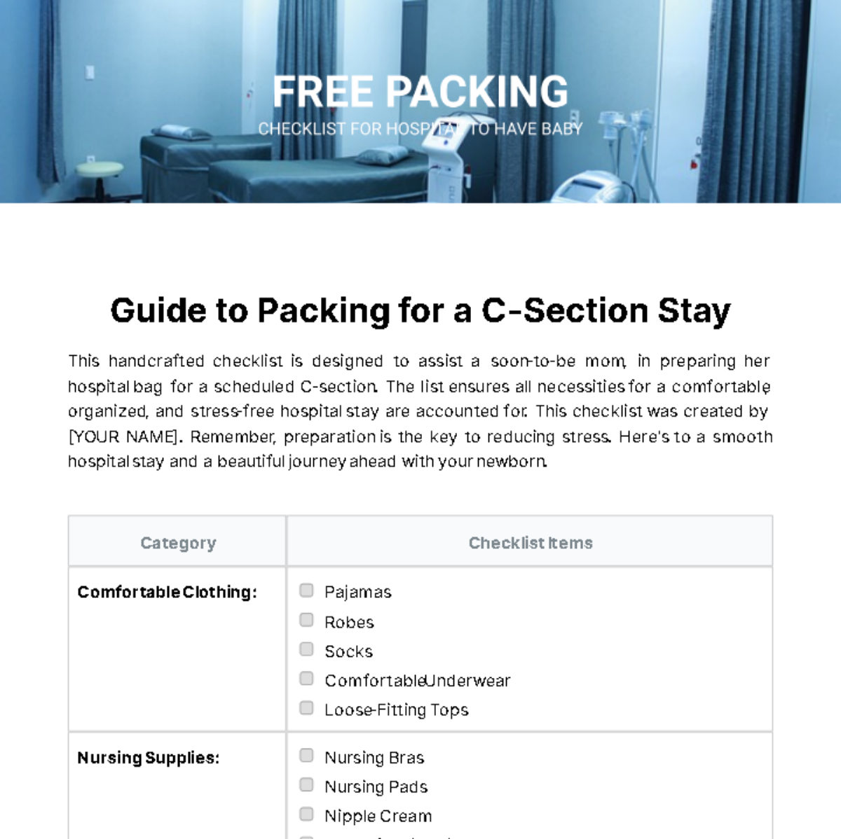 Packing Checklist Template For Hospital To Have Baby
