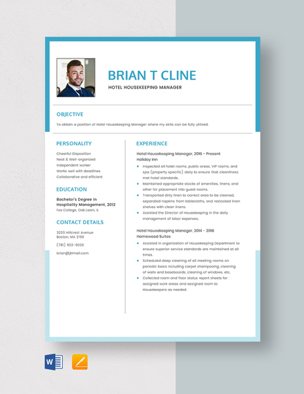 Hotel Housekeeping Manager Resume Template - Word, Apple Pages