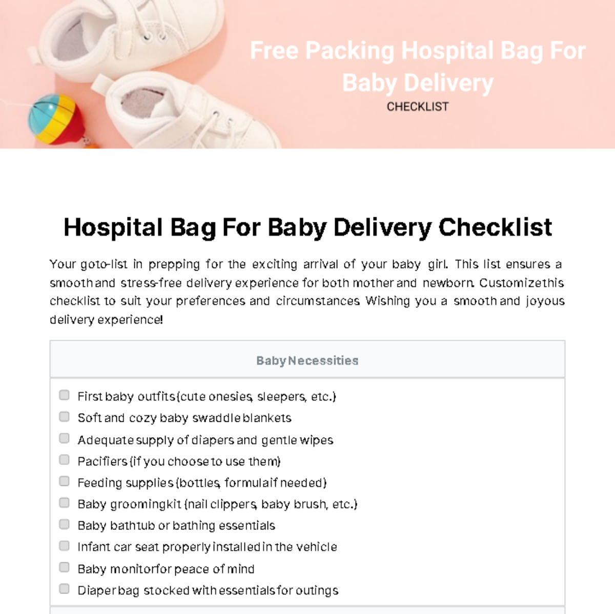 Packing Hospital Bag For Baby Delivery Checklist Template