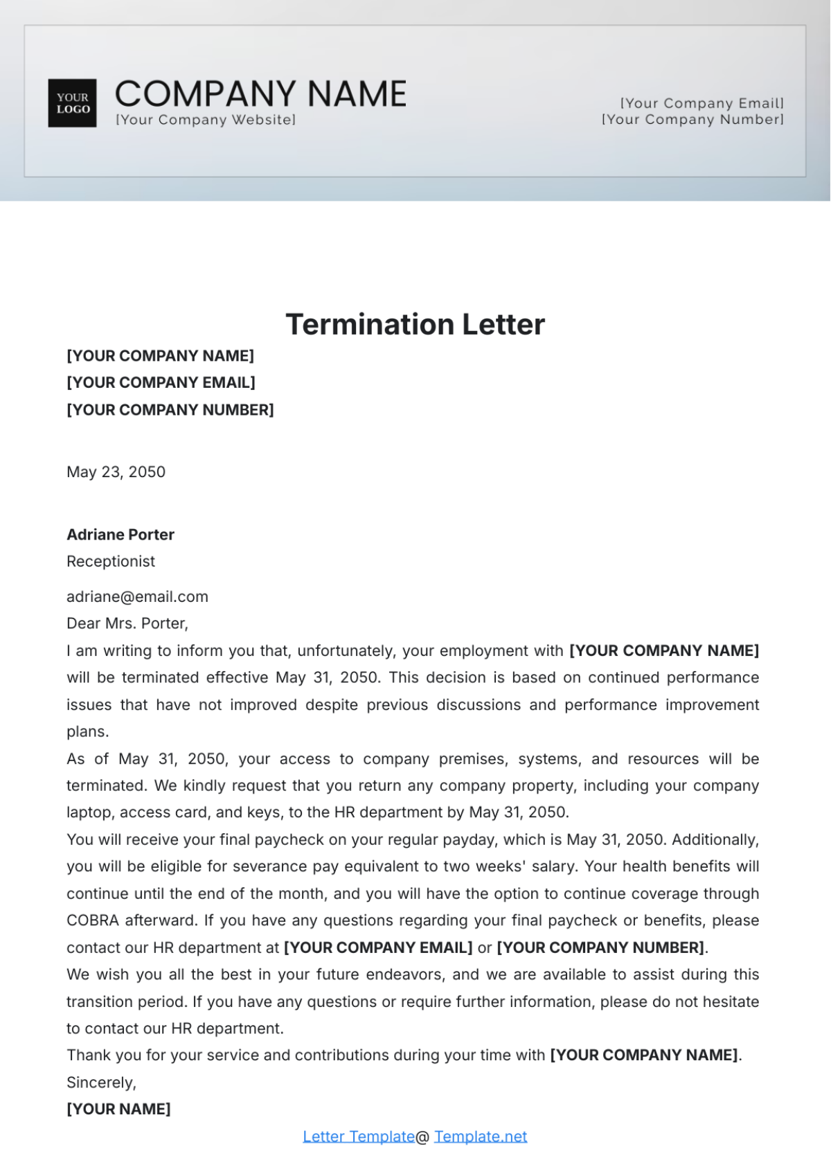 Termination Letter Sample Template - Edit Online & Download