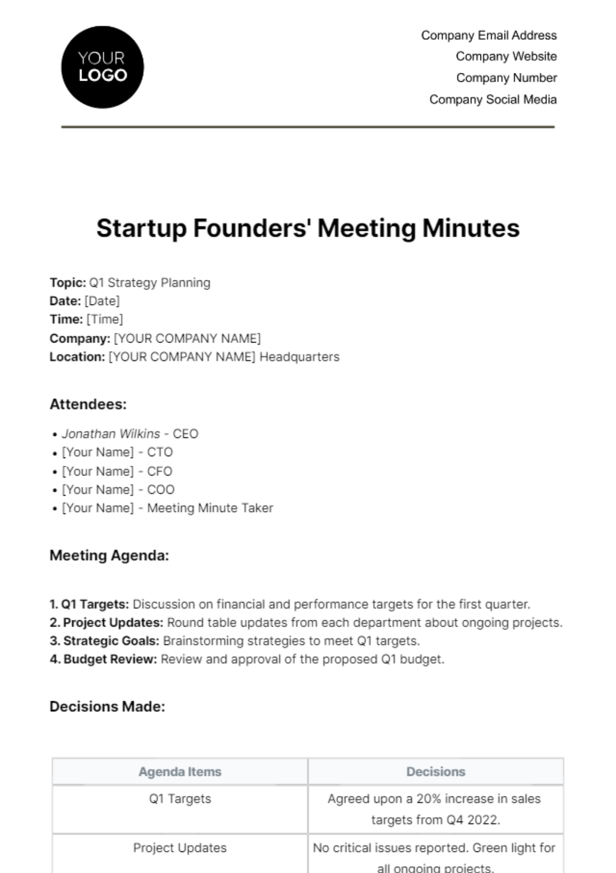 Startup Founders' Meeting Minute Template