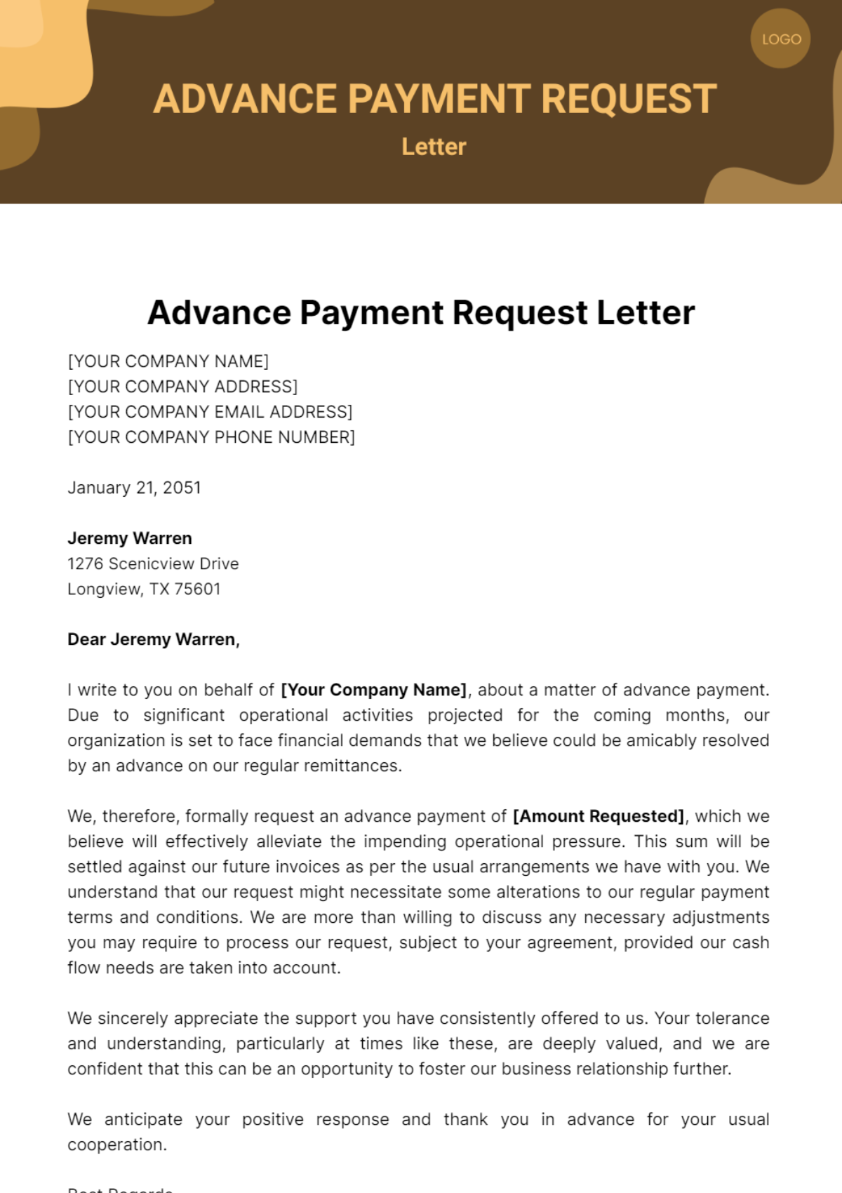 Advance Payment Request Letter Template - Edit Online & Download