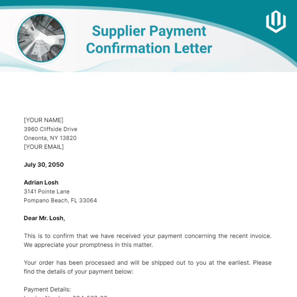 Supplier Payment Confirmation Letter Template