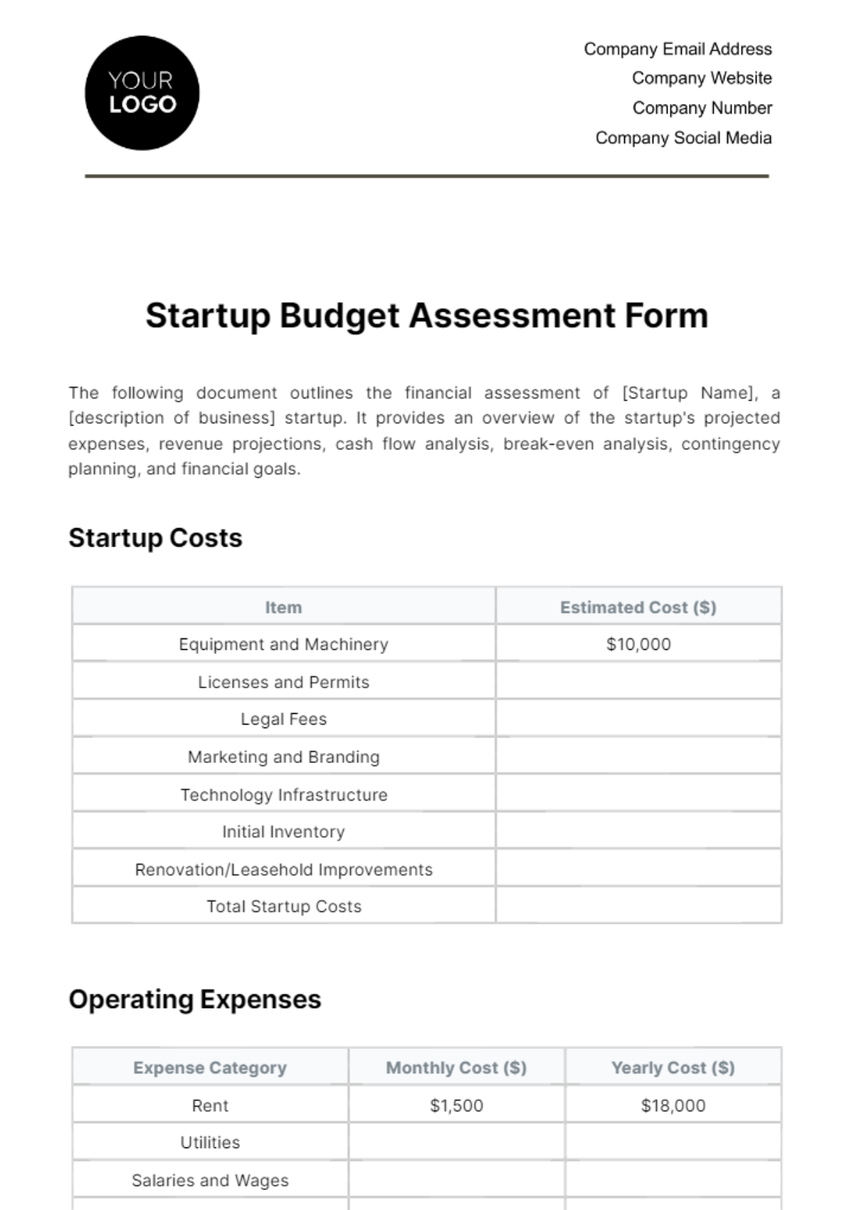 Free Startup Budget Assessment Form Template