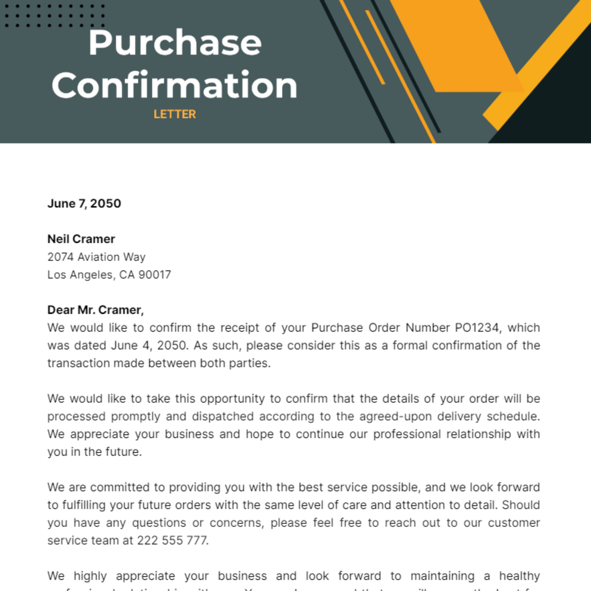 Purchase Confirmation Letter Template