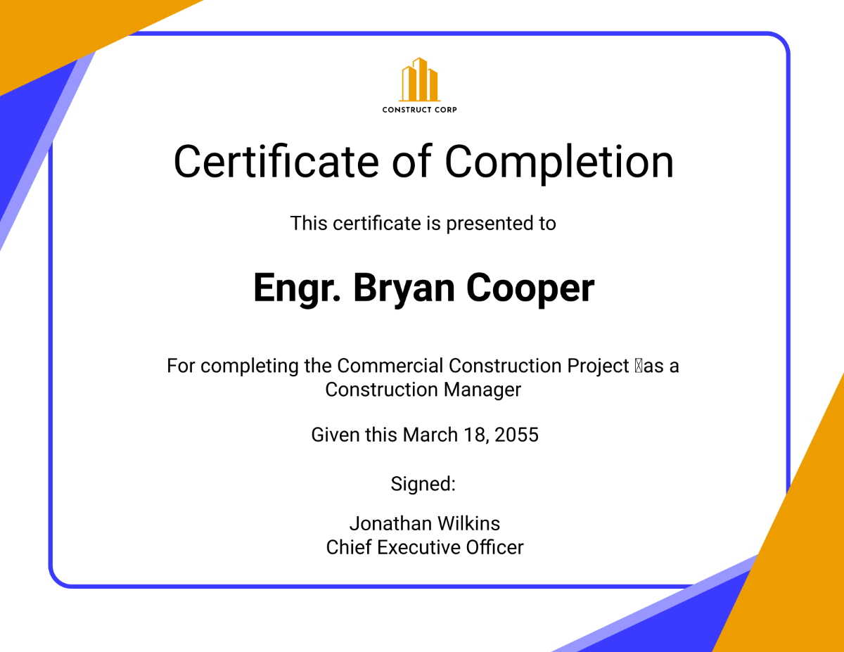 Commercial Construction Certificate Template