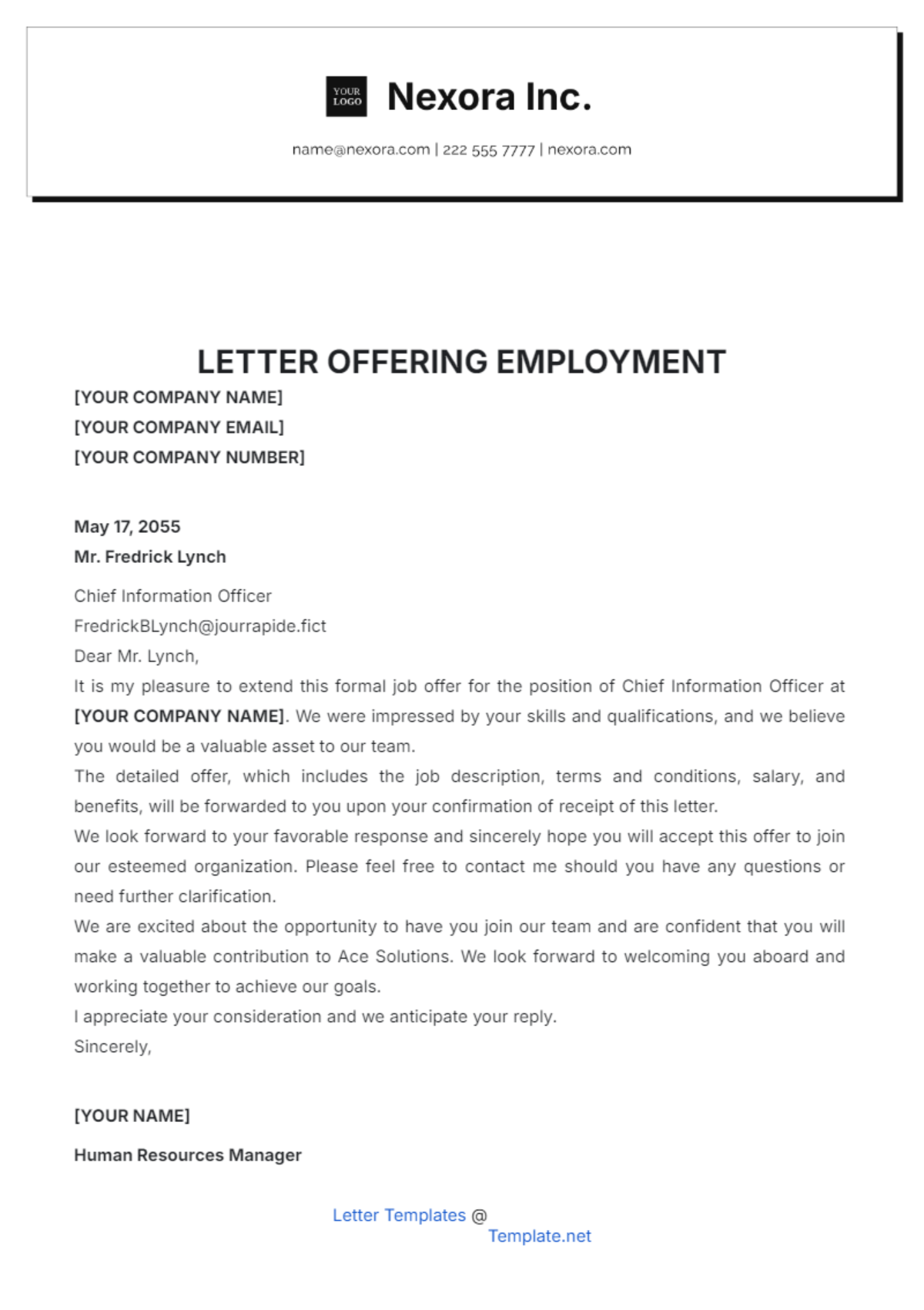 Letter Offering Employment Template - Edit Online & Download