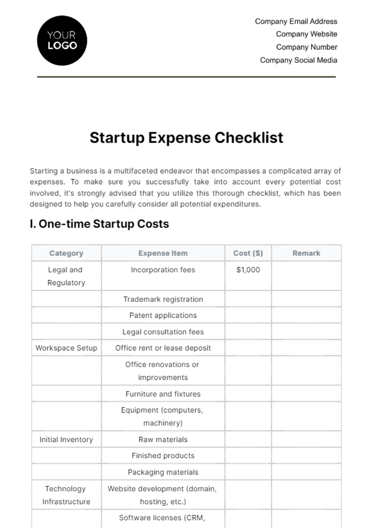 Free Startup Expense Checklist Template