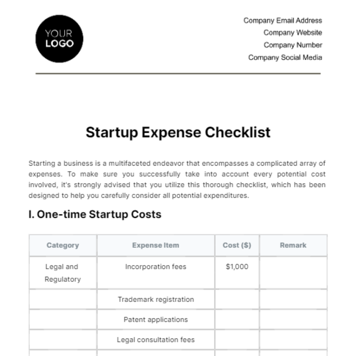 Startup Expense Checklist Template